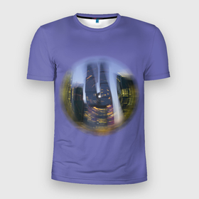 Мужская футболка 3D Slim с принтом Абстракция Москва Сити в Тюмени, 100% полиэстер с улучшенными характеристиками | приталенный силуэт, круглая горловина, широкие плечи, сужается к линии бедра | moscow city | абстракция | вечерний пейзаж | город | движение | москва сити