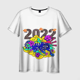 Мужская футболка 3D с принтом 2022 тигр в облаках , 100% полиэфир | прямой крой, круглый вырез горловины, длина до линии бедер | Тематика изображения на принте: 2022 | new year | tiger | water tiger | водяной тигр | символ года