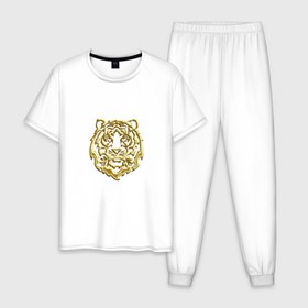 Мужская пижама хлопок с принтом Символ года (тигренок золотой на удачу) , 100% хлопок | брюки и футболка прямого кроя, без карманов, на брюках мягкая резинка на поясе и по низу штанин
 | 2022 | девушке | мужчине | новый год | подарок | символ года | тигр | тигренок