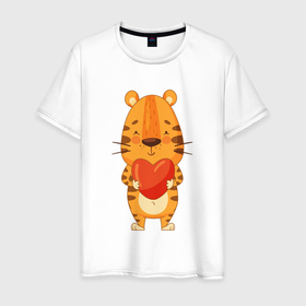 Мужская футболка хлопок с принтом Тигр держит большое сердце в Кировске, 100% хлопок | прямой крой, круглый вырез горловины, длина до линии бедер, слегка спущенное плечо. | 2022 | год тигра | новый год | новый год 2022 | символ года | тигр | тигренок | тигрица | тигры