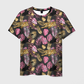 Мужская футболка 3D с принтом Тропические листья микс , 100% полиэфир | прямой крой, круглый вырез горловины, длина до линии бедер | Тематика изображения на принте: джунгли | лето | листья | паттерн | тропики | тропические листья