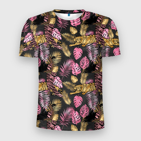 Мужская футболка 3D Slim с принтом Тропические листья микс в Белгороде, 100% полиэстер с улучшенными характеристиками | приталенный силуэт, круглая горловина, широкие плечи, сужается к линии бедра | джунгли | лето | листья | паттерн | тропики | тропические листья