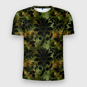 Мужская футболка 3D Slim с принтом Темные тропические листья в Белгороде, 100% полиэстер с улучшенными характеристиками | приталенный силуэт, круглая горловина, широкие плечи, сужается к линии бедра | джунгли | лето | листья | тропики | тропические листья