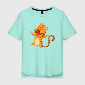 Мужская футболка хлопок Oversize с принтом Счастливый тигр 2022 в Петрозаводске, 100% хлопок | свободный крой, круглый ворот, “спинка” длиннее передней части | 2022 | год тигра | новый год | новый год 2022 | символ года | тигр | тигренок | тигрица | тигры