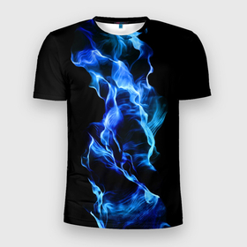 Мужская футболка 3D Slim с принтом синее пламя в Екатеринбурге, 100% полиэстер с улучшенными характеристиками | приталенный силуэт, круглая горловина, широкие плечи, сужается к линии бедра | в топе | в тренде | на чёрном фоне | новинка | огонь | пламя | пламя от зажигалки | популярное | синее | синий