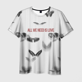 Мужская футболка 3D с принтом Принт бабочки и текст про любовь в Санкт-Петербурге, 100% полиэфир | прямой крой, круглый вырез горловины, длина до линии бедер | английский язык | бабочки | в рекомендациях | в топе | любовь | текст