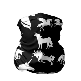 Бандана-труба 3D с принтом Белые единороги на черном фоне в Петрозаводске, 100% полиэстер, ткань с особыми свойствами — Activecool | плотность 150‒180 г/м2; хорошо тянется, но сохраняет форму | единорог | животные | звери | узор | чернобелый