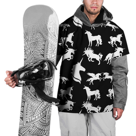 Накидка на куртку 3D с принтом Белые единороги на черном фоне в Петрозаводске, 100% полиэстер |  | единорог | животные | звери | узор | чернобелый