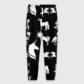 Мужские брюки 3D с принтом Белые единороги на черном фоне в Новосибирске, 100% полиэстер | манжеты по низу, эластичный пояс регулируется шнурком, по бокам два кармана без застежек, внутренняя часть кармана из мелкой сетки | единорог | животные | звери | узор | чернобелый