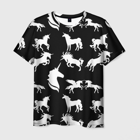 Мужская футболка 3D с принтом Белые единороги на черном фоне в Петрозаводске, 100% полиэфир | прямой крой, круглый вырез горловины, длина до линии бедер | единорог | животные | звери | узор | чернобелый