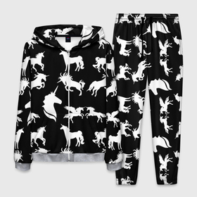 Мужской костюм 3D с принтом Белые единороги на черном фоне в Белгороде, 100% полиэстер | Манжеты и пояс оформлены тканевой резинкой, двухслойный капюшон со шнурком для регулировки, карманы спереди | единорог | животные | звери | узор | чернобелый