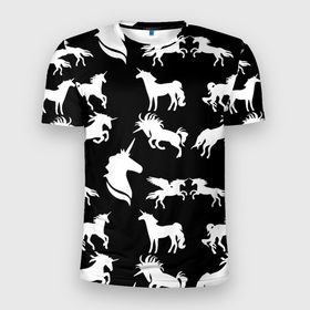 Мужская футболка 3D Slim с принтом Белые единороги на черном фоне в Петрозаводске, 100% полиэстер с улучшенными характеристиками | приталенный силуэт, круглая горловина, широкие плечи, сужается к линии бедра | Тематика изображения на принте: единорог | животные | звери | узор | чернобелый
