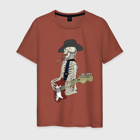 Мужская футболка хлопок с принтом Rock n roll is alive в Белгороде, 100% хлопок | прямой крой, круглый вырез горловины, длина до линии бедер, слегка спущенное плечо. | Тематика изображения на принте: bones | fingers | guitar | hat | hype | jaw | music | rock | rock n rol | skeleton | skull | teeth | гитара | зубы | кости | музыка | пальцы | пасть | скелет | хайп | череп | шляпа