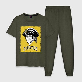 Мужская пижама хлопок с принтом Pittsburgh Pirates baseball в Белгороде, 100% хлопок | брюки и футболка прямого кроя, без карманов, на брюках мягкая резинка на поясе и по низу штанин
 | Тематика изображения на принте: baseball | cocked hat | hype | pirate | pittsburgh | skull | team | бейсбол | пират | питсбург | треуголка | хайп | череп