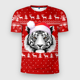 Мужская футболка 3D Slim с принтом НОВОГОДНИЙ СВИТЕР С БЕЛЫМ ТИГРОМ 2022 , 100% полиэстер с улучшенными характеристиками | приталенный силуэт, круглая горловина, широкие плечи, сужается к линии бедра | Тематика изображения на принте: 2022 | beast | merry christmas | new year | red bow | santa hat | snow | tiger | winter | winter is coming | year of the tiger | год тигра | дед мороз | животные | звери | зверь | зима | зима 2022 | зима близко | новог | новогодни