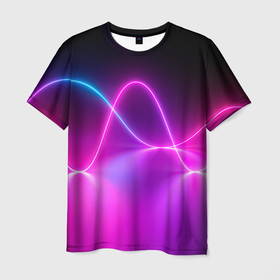 Мужская футболка 3D с принтом Лучи света pink theme в Петрозаводске, 100% полиэфир | прямой крой, круглый вырез горловины, длина до линии бедер | абстрактные | волна | волна света | излучение | киберпанк | лучи | лучи света | неон | неоновые принты | рисунок | свет