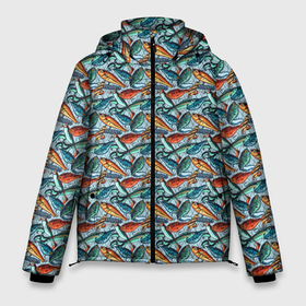 Мужская зимняя куртка 3D с принтом Приманки Рыболовные в Тюмени, верх — 100% полиэстер; подкладка — 100% полиэстер; утеплитель — 100% полиэстер | длина ниже бедра, свободный силуэт Оверсайз. Есть воротник-стойка, отстегивающийся капюшон и ветрозащитная планка. 

Боковые карманы с листочкой на кнопках и внутренний карман на молнии. | fish | fishing | блесна | воблер | голавль | донка | жерех | закидушка | карась | крючок | лещ | налим | окунь | плотва | подсак | поплавок | природа | рыба | рыбак | рыбалка | рыбная ловля | рыболов