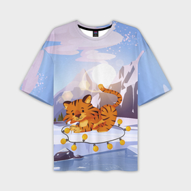 Мужская футболка OVERSIZE 3D с принтом Тигр с гирляндой в Петрозаводске,  |  | 2022 | год тигра | новый год | новый год 2022 | символ года | тигр | тигренок | тигрица | тигры