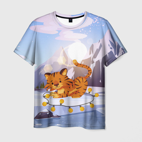 Мужская футболка 3D с принтом Тигр с гирляндой в Петрозаводске, 100% полиэфир | прямой крой, круглый вырез горловины, длина до линии бедер | Тематика изображения на принте: 2022 | год тигра | новый год | новый год 2022 | символ года | тигр | тигренок | тигрица | тигры
