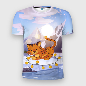 Мужская футболка 3D Slim с принтом Тигр с гирляндой в Петрозаводске, 100% полиэстер с улучшенными характеристиками | приталенный силуэт, круглая горловина, широкие плечи, сужается к линии бедра | Тематика изображения на принте: 2022 | год тигра | новый год | новый год 2022 | символ года | тигр | тигренок | тигрица | тигры