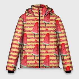 Мужская зимняя куртка 3D с принтом Фруктовое мороженое в Новосибирске, верх — 100% полиэстер; подкладка — 100% полиэстер; утеплитель — 100% полиэстер | длина ниже бедра, свободный силуэт Оверсайз. Есть воротник-стойка, отстегивающийся капюшон и ветрозащитная планка. 

Боковые карманы с листочкой на кнопках и внутренний карман на молнии. | Тематика изображения на принте: десерт | леденец | мороженое | сладости | эскимо