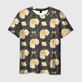 Мужская футболка 3D с принтом Желтые цветы на черном фоне в Петрозаводске, 100% полиэфир | прямой крой, круглый вырез горловины, длина до линии бедер | желтые цветы | золотые цветы | паттерн | цветочки | цветы
