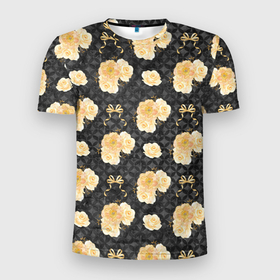 Мужская футболка 3D Slim с принтом Желтые цветы на черном фоне в Новосибирске, 100% полиэстер с улучшенными характеристиками | приталенный силуэт, круглая горловина, широкие плечи, сужается к линии бедра | желтые цветы | золотые цветы | паттерн | цветочки | цветы