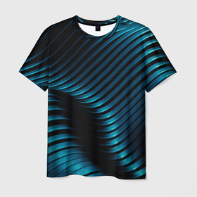 Мужская футболка 3D с принтом Волны голубого металла в Новосибирске, 100% полиэфир | прямой крой, круглый вырез горловины, длина до линии бедер | абстрактные | волны | металл | неон | светящиеся | синий