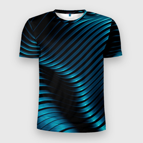 Мужская футболка 3D Slim с принтом Волны голубого металла в Екатеринбурге, 100% полиэстер с улучшенными характеристиками | приталенный силуэт, круглая горловина, широкие плечи, сужается к линии бедра | Тематика изображения на принте: абстрактные | волны | металл | неон | светящиеся | синий