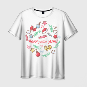 Мужская футболка 3D с принтом Happy New Year * С Новым Годом * в Новосибирске, 100% полиэфир | прямой крой, круглый вырез горловины, длина до линии бедер | выходные | новый год | подарки | праздник | празднование | рожлество