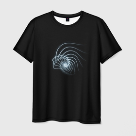 Мужская футболка 3D с принтом Геометрия Души blue theme в Курске, 100% полиэфир | прямой крой, круглый вырез горловины, длина до линии бедер | вселенная | геометрия | для девушек | душа | космос | наутилус | неон | фрактал | эзотерика