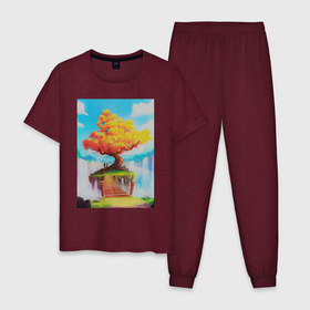 Мужская пижама хлопок с принтом Золотое Дерево и Голубое Небо в Тюмени, 100% хлопок | брюки и футболка прямого кроя, без карманов, на брюках мягкая резинка на поясе и по низу штанин
 | Тематика изображения на принте: анимация | аниме | мультик | природа | рисунки