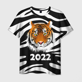 Мужская футболка 3D с принтом Символ 2022 Новогодний Тигр Полосатый | Tiger , 100% полиэфир | прямой крой, круглый вырез горловины, длина до линии бедер | 2022 | black | cat | christmas | merry | new year | tiger | xmas | водяной | год тигра | животные | кот | кошки | новый год | паттерн | полосатый | рождество | снег | снежинки | тигры | узор | цветы | черный