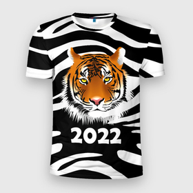 Мужская футболка 3D Slim с принтом Символ 2022 Новогодний Тигр Полосатый | Tiger в Курске, 100% полиэстер с улучшенными характеристиками | приталенный силуэт, круглая горловина, широкие плечи, сужается к линии бедра | 2022 | black | cat | christmas | merry | new year | tiger | xmas | водяной | год тигра | животные | кот | кошки | новый год | паттерн | полосатый | рождество | снег | снежинки | тигры | узор | цветы | черный