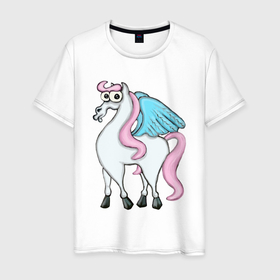 Мужская футболка хлопок с принтом Загадочный Пегас в Белгороде, 100% хлопок | прямой крой, круглый вырез горловины, длина до линии бедер, слегка спущенное плечо. | лошадь | пегас | пони | радуга | розовый