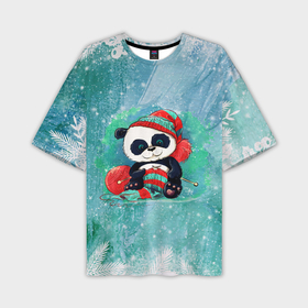 Мужская футболка OVERSIZE 3D с принтом Панда вяжет ,  |  | new year | арт | вязание | графика | зима | новый год | панда | рождество