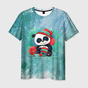 Мужская футболка 3D с принтом Панда вяжет в Белгороде, 100% полиэфир | прямой крой, круглый вырез горловины, длина до линии бедер | new year | арт | вязание | графика | зима | новый год | панда | рождество