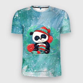 Мужская футболка 3D спортивная с принтом Панда вяжет в Екатеринбурге, 100% полиэстер с улучшенными характеристиками | приталенный силуэт, круглая горловина, широкие плечи, сужается к линии бедра | new year | арт | вязание | графика | зима | новый год | панда | рождество