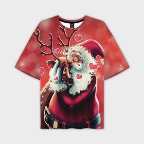 Мужская футболка OVERSIZE 3D с принтом Santa and deer в Новосибирске,  |  | new year | арт | графика | дед мороз | зима | новый год | олень | рождество | санта