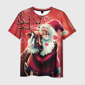 Мужская футболка 3D с принтом Santa and deer , 100% полиэфир | прямой крой, круглый вырез горловины, длина до линии бедер | new year | арт | графика | дед мороз | зима | новый год | олень | рождество | санта