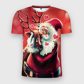 Мужская футболка 3D спортивная с принтом Santa and deer , 100% полиэстер с улучшенными характеристиками | приталенный силуэт, круглая горловина, широкие плечи, сужается к линии бедра | new year | арт | графика | дед мороз | зима | новый год | олень | рождество | санта