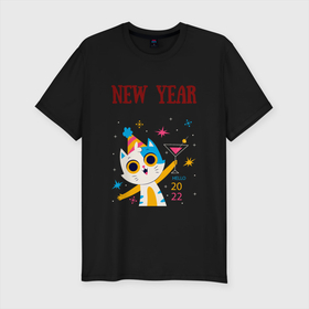 Мужская футболка хлопок Slim с принтом New 2022 yaer в Курске, 92% хлопок, 8% лайкра | приталенный силуэт, круглый вырез ворота, длина до линии бедра, короткий рукав | new year | арт | графика | зима | кот | новый год | рождество