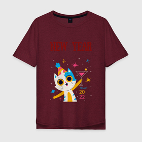 Мужская футболка хлопок Oversize с принтом New 2022 yaer в Курске, 100% хлопок | свободный крой, круглый ворот, “спинка” длиннее передней части | new year | арт | графика | зима | кот | новый год | рождество