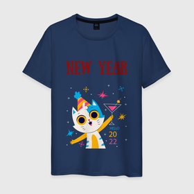 Мужская футболка хлопок с принтом New 2022 yaer в Курске, 100% хлопок | прямой крой, круглый вырез горловины, длина до линии бедер, слегка спущенное плечо. | new year | арт | графика | зима | кот | новый год | рождество
