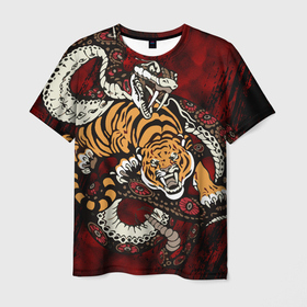 Мужская футболка 3D с принтом Тигр со Змеёй 2022 в Петрозаводске, 100% полиэфир | прямой крой, круглый вырез горловины, длина до линии бедер | борьба | вектор | змея | противостояние | тигр