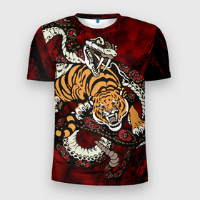 Мужская футболка 3D спортивная с принтом Тигр со Змеёй 2022 , 100% полиэстер с улучшенными характеристиками | приталенный силуэт, круглая горловина, широкие плечи, сужается к линии бедра | борьба | вектор | змея | противостояние | тигр