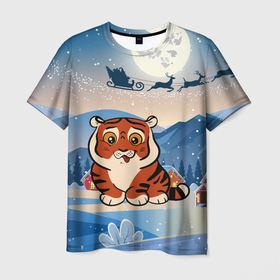 Мужская футболка 3D с принтом Новый год 2022 Тигренок в Курске, 100% полиэфир | прямой крой, круглый вырез горловины, длина до линии бедер | 2022 | год тигра | новый год | новый год 2022 | символ года | тигр | тигренок | тигрица | тигры