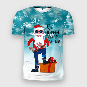 Мужская футболка 3D спортивная с принтом Hipster Santa 2022 в Санкт-Петербурге, 100% полиэстер с улучшенными характеристиками | приталенный силуэт, круглая горловина, широкие плечи, сужается к линии бедра | 2022 | ded moroz | rock | santa | борода | дед мороз | нг | новый год | подарок | рок | санта | тату | хипстер