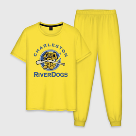 Мужская пижама хлопок с принтом Charleston River Dogs в Тюмени, 100% хлопок | брюки и футболка прямого кроя, без карманов, на брюках мягкая резинка на поясе и по низу штанин
 | baseball | bat | dog | fangs | jaw | muzzle | team | usa | бейсбол | бита | клыки | пасть | пёс