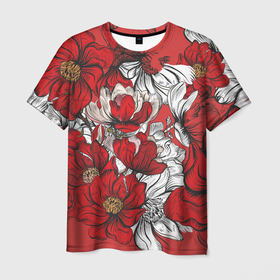 Мужская футболка 3D с принтом Цветы на алом фоне в Петрозаводске, 100% полиэфир | прямой крой, круглый вырез горловины, длина до линии бедер | Тематика изображения на принте: алый | графика | маки | настроение | нежное | цветы